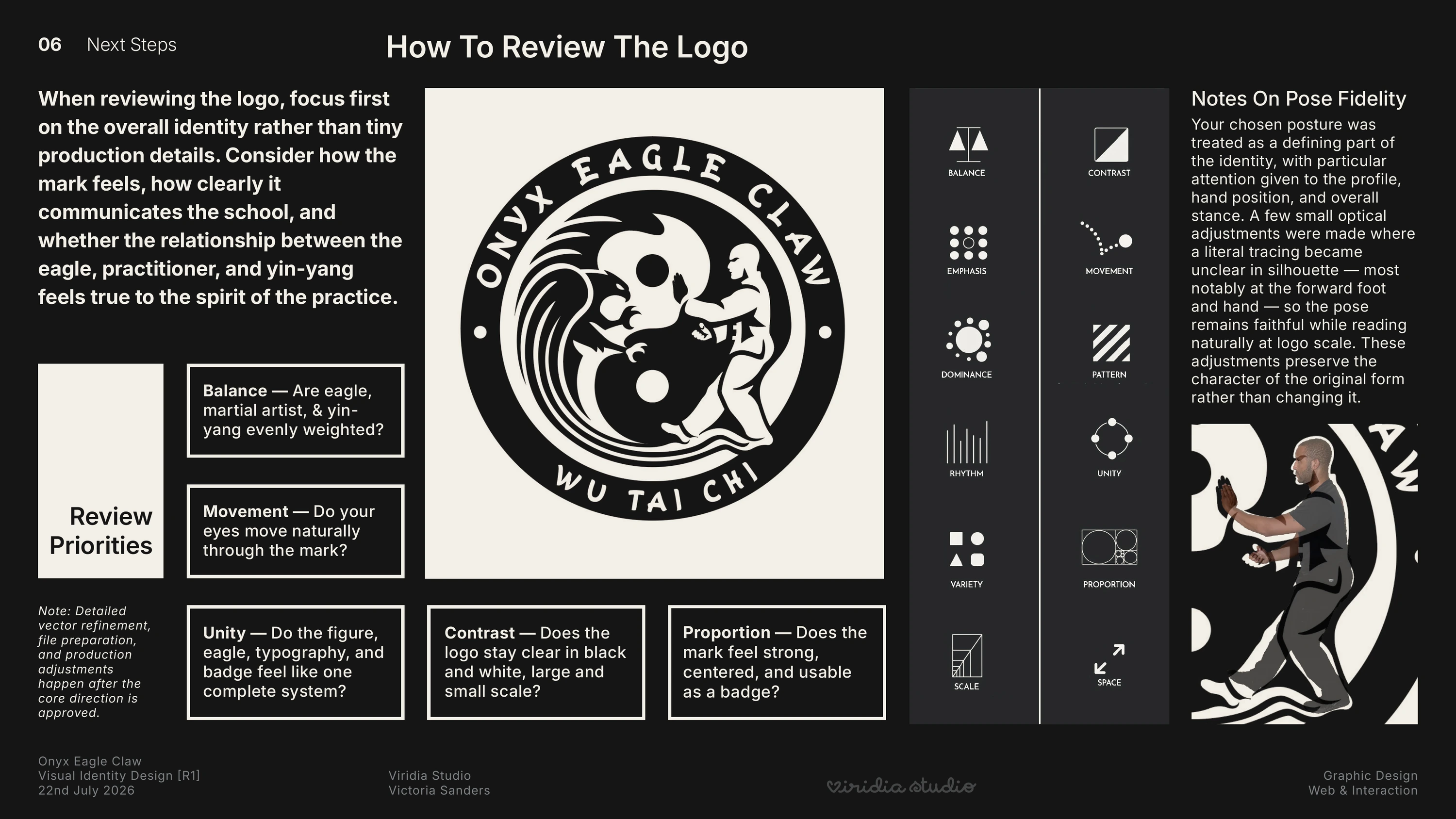 Round 1 presentation slide titled How to Review the Logo, explaining what the client should evaluate at this stage.