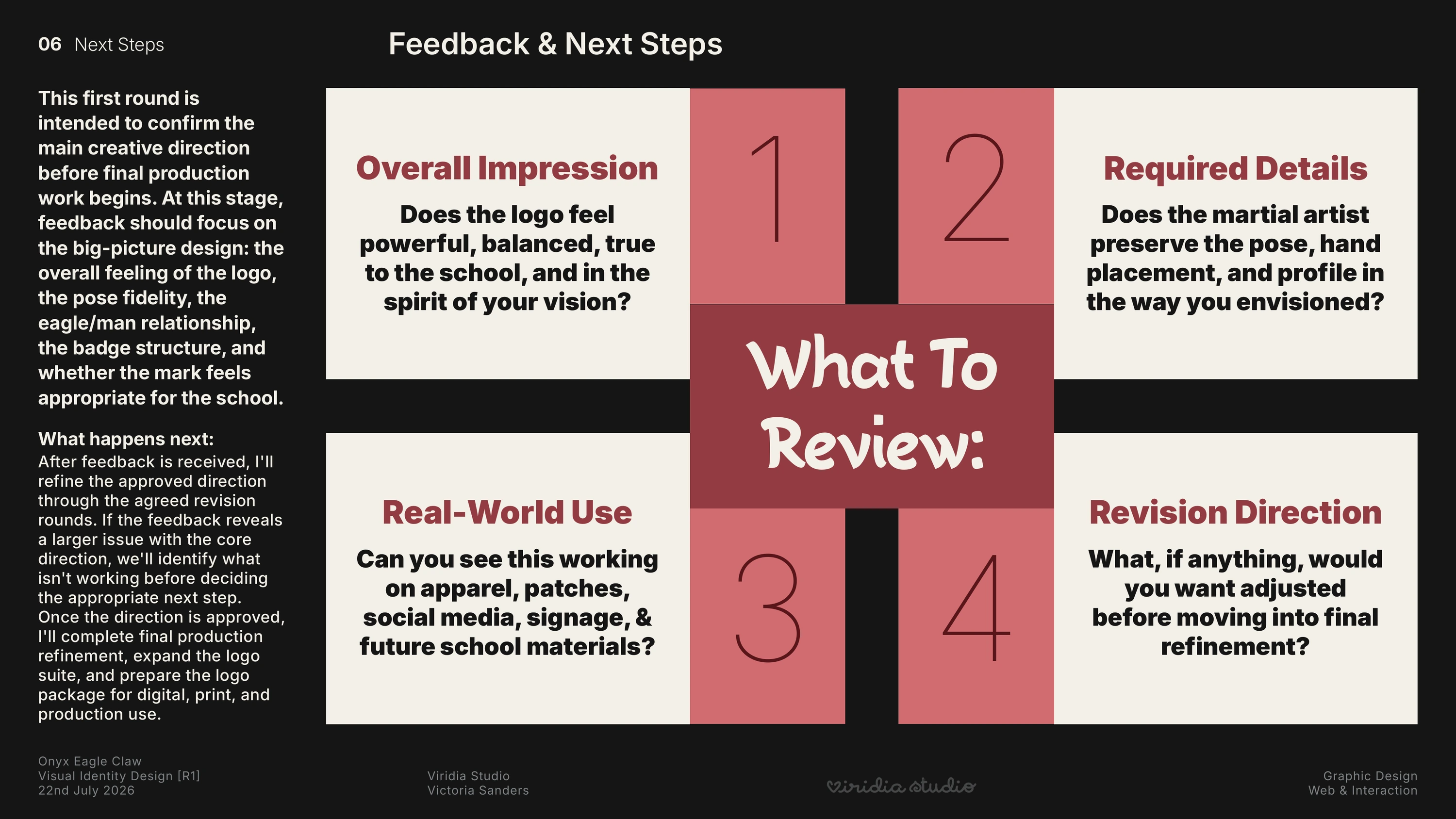 Round 1 Feedback and Next Steps slide outlining the review process and next actions.